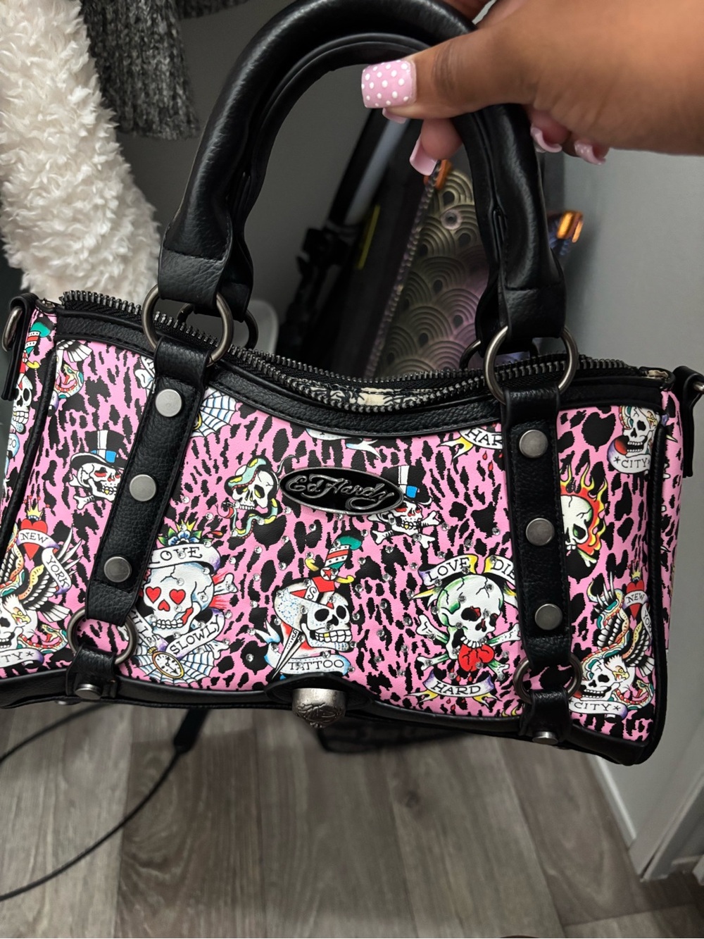 Ed Hardy Pink and Black Tattoo Print Mini Satchel